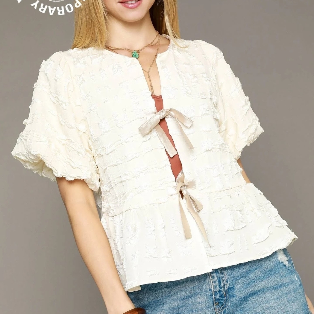Umgee Cream Textured Blouse with Ruffle Sleeves